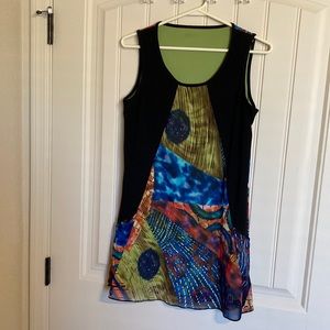 Artsy Boho Womens Size M Tunic Top Blouse Sleeveless Lined Multicolored Pockets